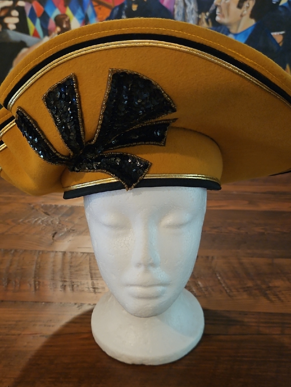 Deborah Mustard Yellow Sequin Bow Felt Statement Hat - Women Accessories